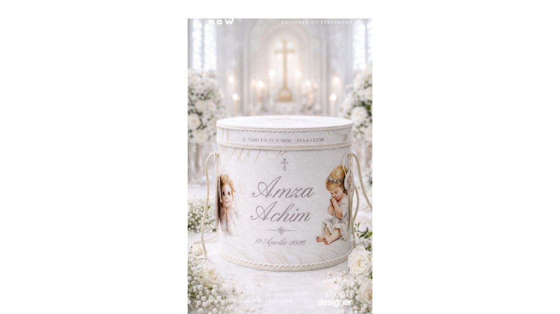 Trusou botez băiat Înger Alb elegant cu îngerași și aripi brodate 14